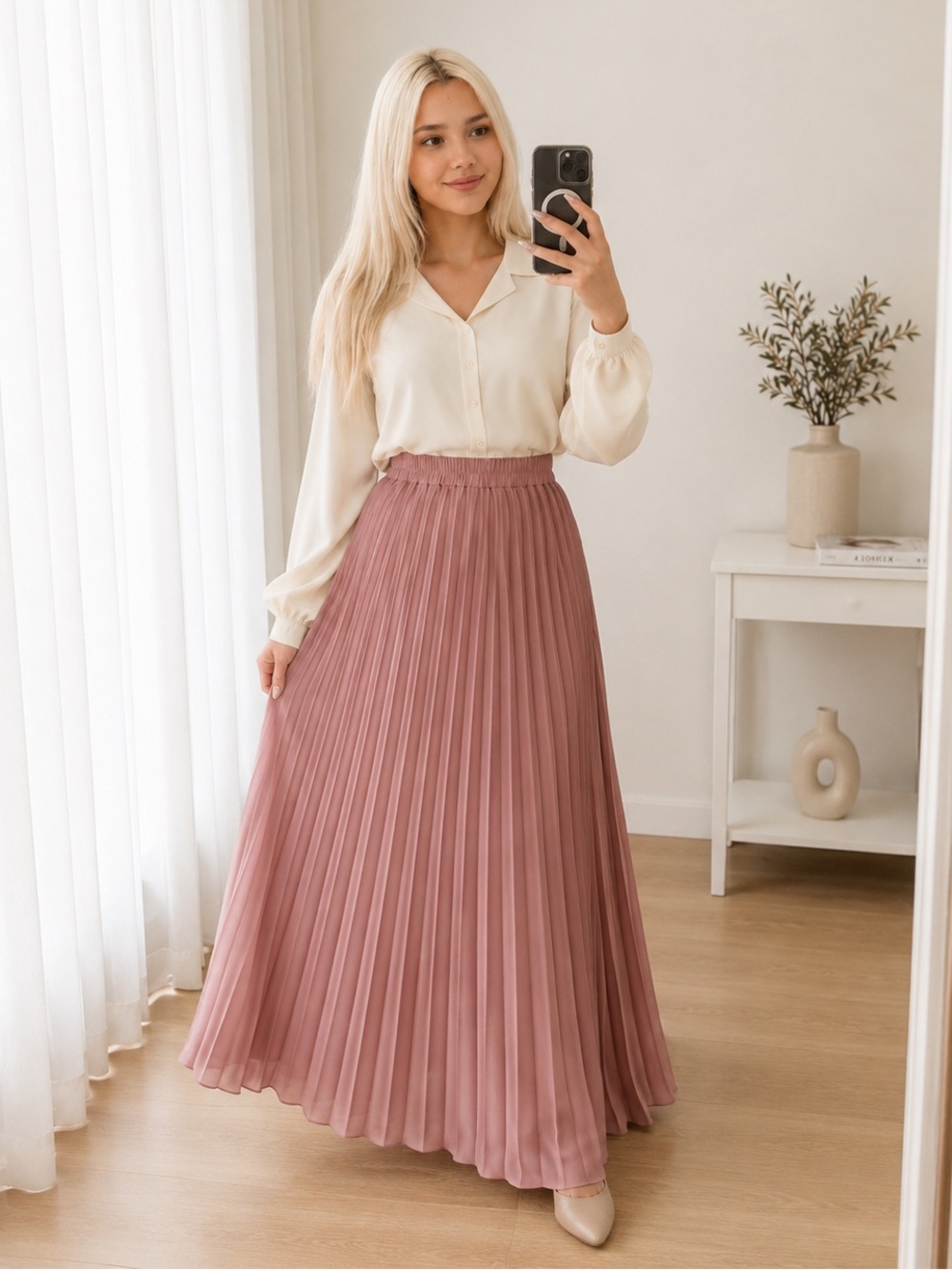 Pleated Maxi Skirt in Dusty Rose